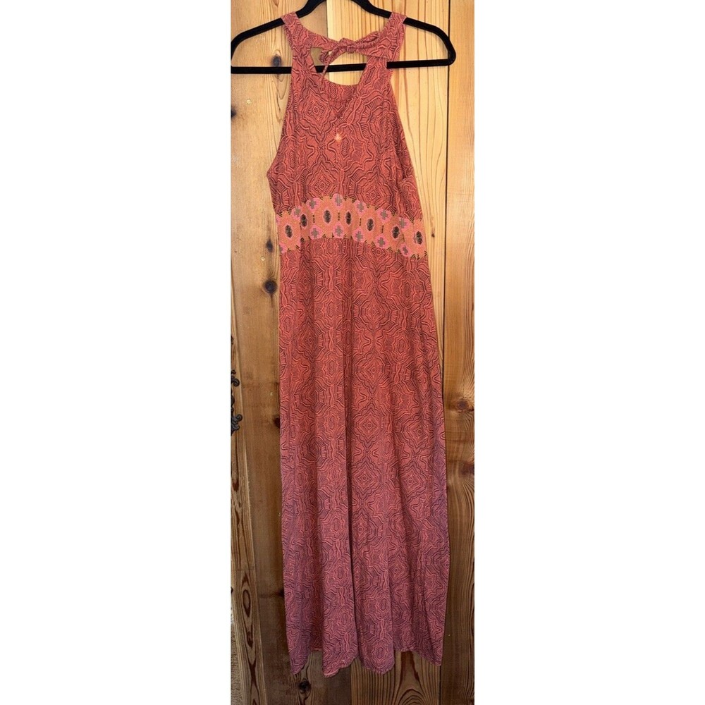 Prana Maxi Dress Size M Orange Printed Halter Built in Shelf Bra Boho Knit
